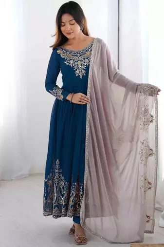  Blue Elegant Embroidered Sequence Designer Anarkali Three Piece Set 