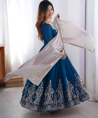  Blue Elegant Embroidered Sequence Designer Anarkali Three Piece Set  2