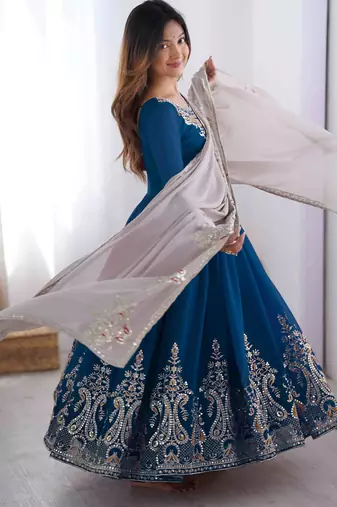  Blue Elegant Embroidered Sequence Designer Anarkali Three Piece Set 