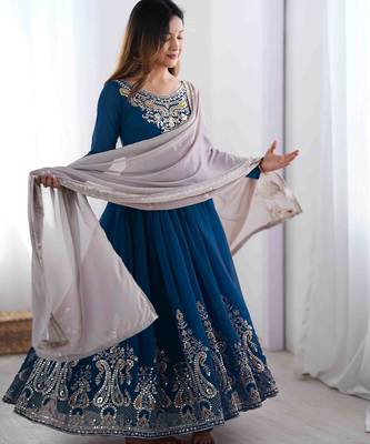  Blue Elegant Embroidered Sequence Designer Anarkali Three Piece Set  4