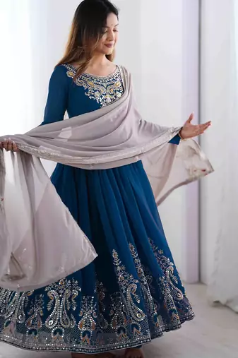  Blue Elegant Embroidered Sequence Designer Anarkali Three Piece Set 