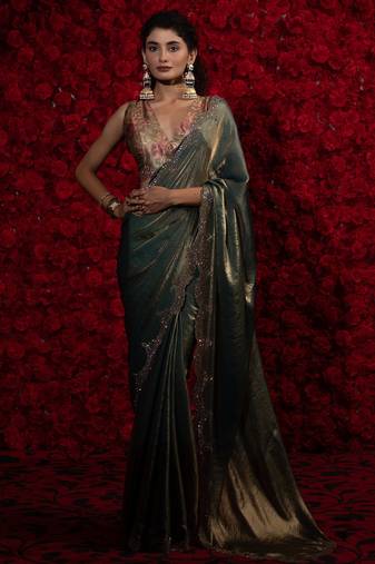 Grey color hand work two tone fendy silk wedding saree with running gold digital print blouse