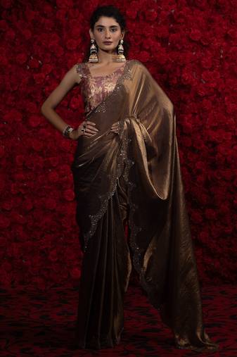 Mouse color hand work two tone fendy silk wedding saree with running gold digital print blouse