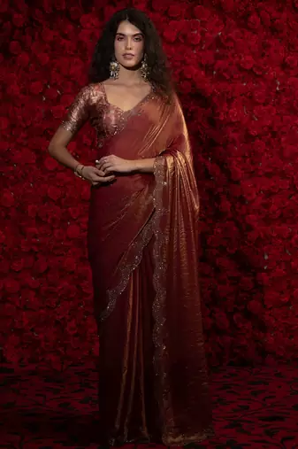 Peach color hand work two tone fendy silk wedding saree with running gold digital print blouse