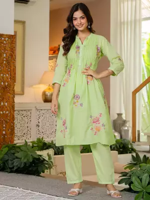  Women Floral Embroidered  Cotton A-Line Kurta with Trouser 1