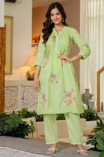 Aaysa Women Floral Embroidered Pure Cotton A-Line Kurta with Trouser