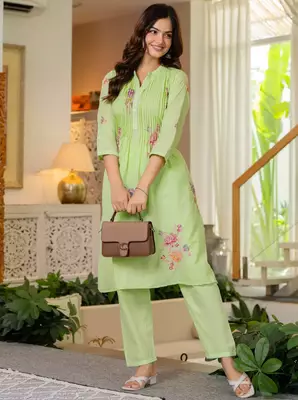  Women Floral Embroidered  Cotton A-Line Kurta with Trouser 2