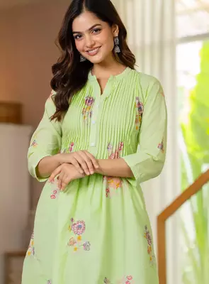  Women Floral Embroidered  Cotton A-Line Kurta with Trouser 3