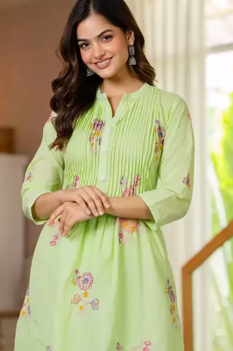  Women Floral Embroidered  Cotton A-Line Kurta with Trouser