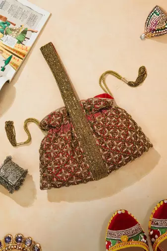Red silk embroidered potli bag