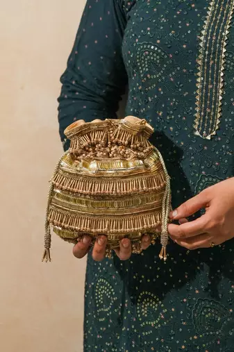 gold silk embroidered ethnic potli bag