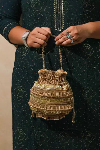 gold silk embroidered ethnic potli bag