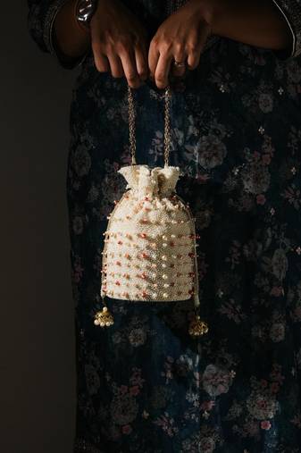 Pearl embroidered silk potli bag