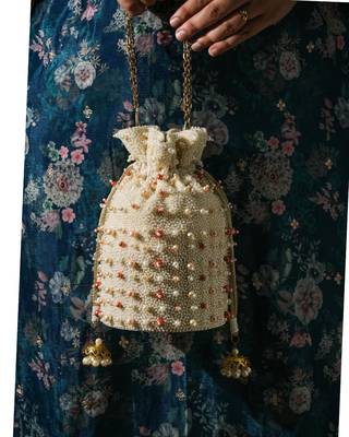 white pearl embroidered silk potli bag for festive wear 2