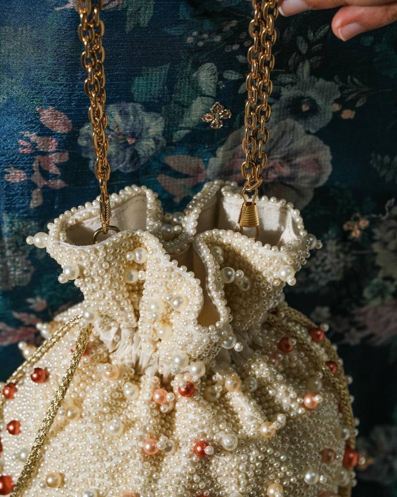 Pearl embroidered silk potli bag