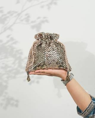 grey velvet sequin embroidered potli bag for festive wear 1