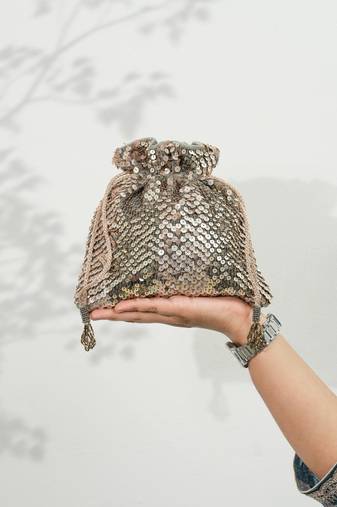 Grey velvet sequin embroidered potli bag