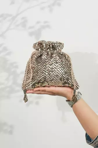 Grey velvet sequin embroidered potli bag