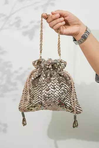 grey velvet sequin embroidered potli bag for festive wear