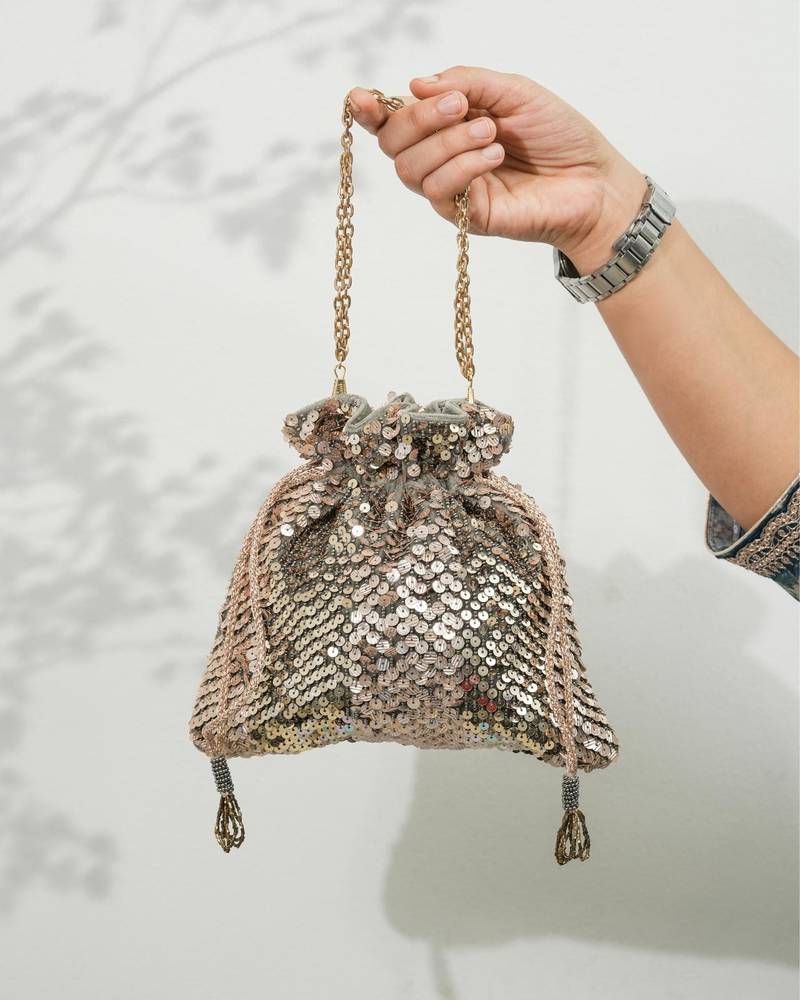 Grey velvet sequin embroidered potli bag