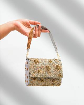 grey silk sequin embroidered party wear handheld clutch 1