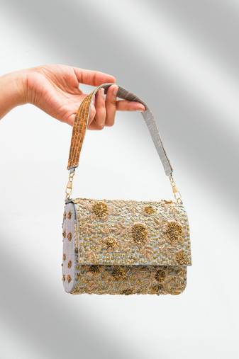 Grey silk sequin embroidered clutch