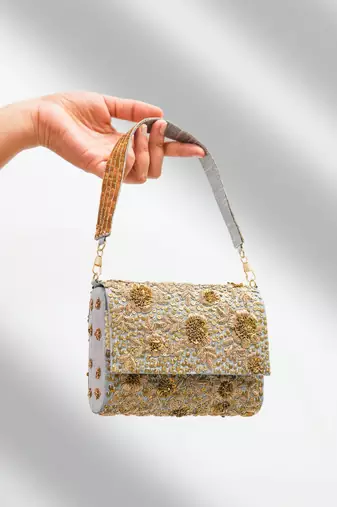 Grey silk sequin embroidered clutch