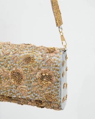 grey silk sequin embroidered party wear handheld clutch 2