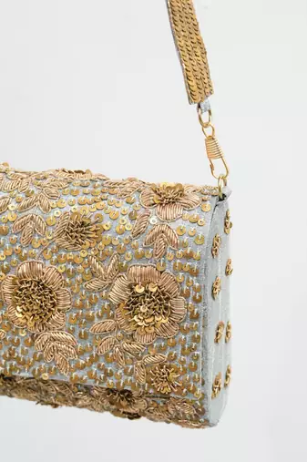 grey silk sequin embroidered party wear handheld clutch