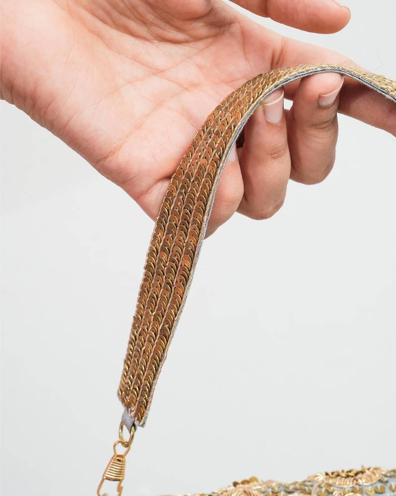 Grey silk sequin embroidered clutch