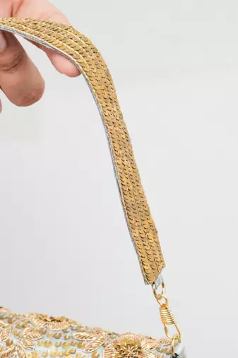 grey silk sequin embroidered party wear handheld clutch