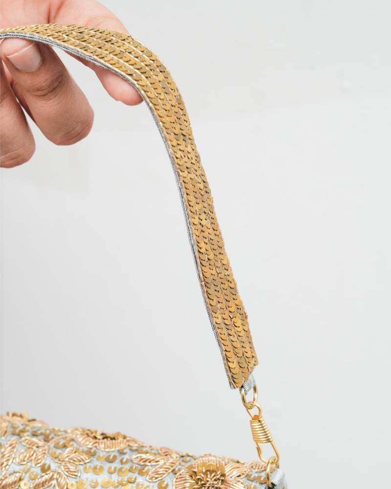 Grey silk sequin embroidered clutch