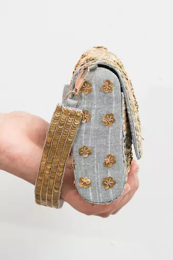 grey silk sequin embroidered party wear handheld clutch