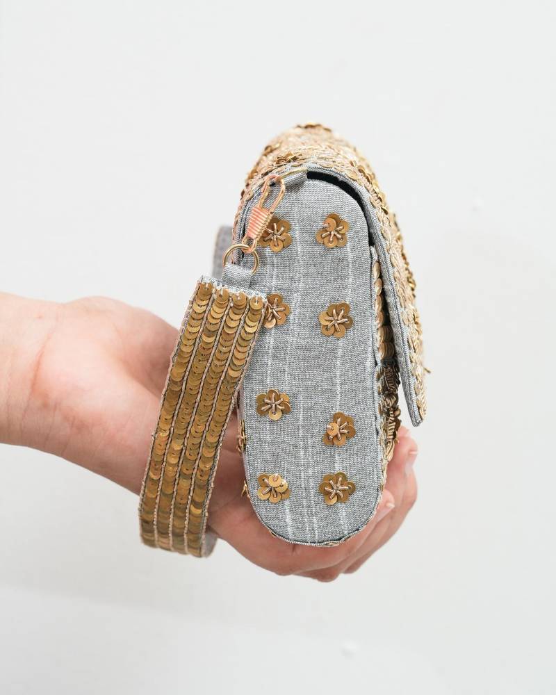 Grey silk sequin embroidered clutch