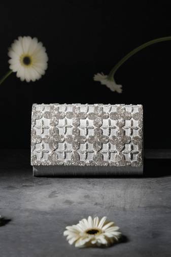 Grey silk sequin embroidered clutch