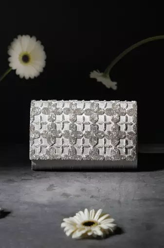 Grey silk sequin embroidered clutch