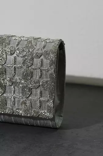 handcrafted grey silk sequin embroidered clutch bag