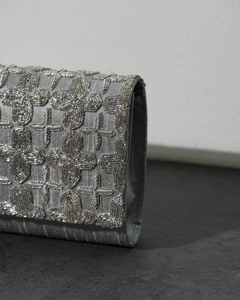 Grey silk sequin embroidered clutch