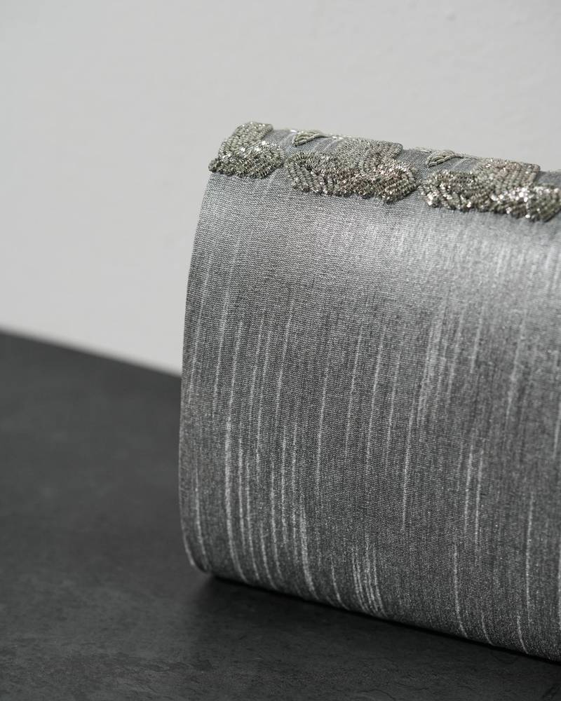 Grey silk sequin embroidered clutch