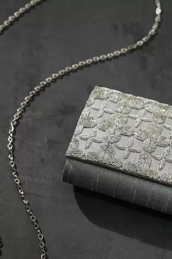 handcrafted grey silk sequin embroidered clutch bag