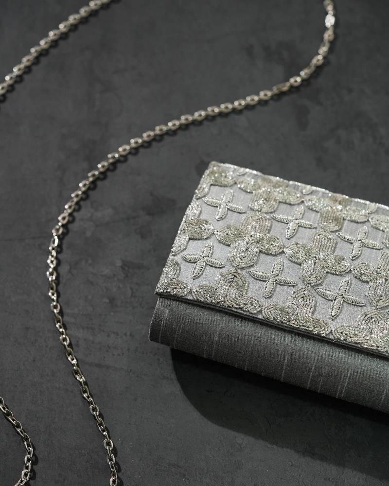 Grey silk sequin embroidered clutch