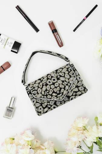 Black velvet beads embroidered clutch