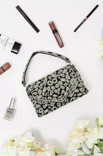 Black velvet beads embroidered clutch