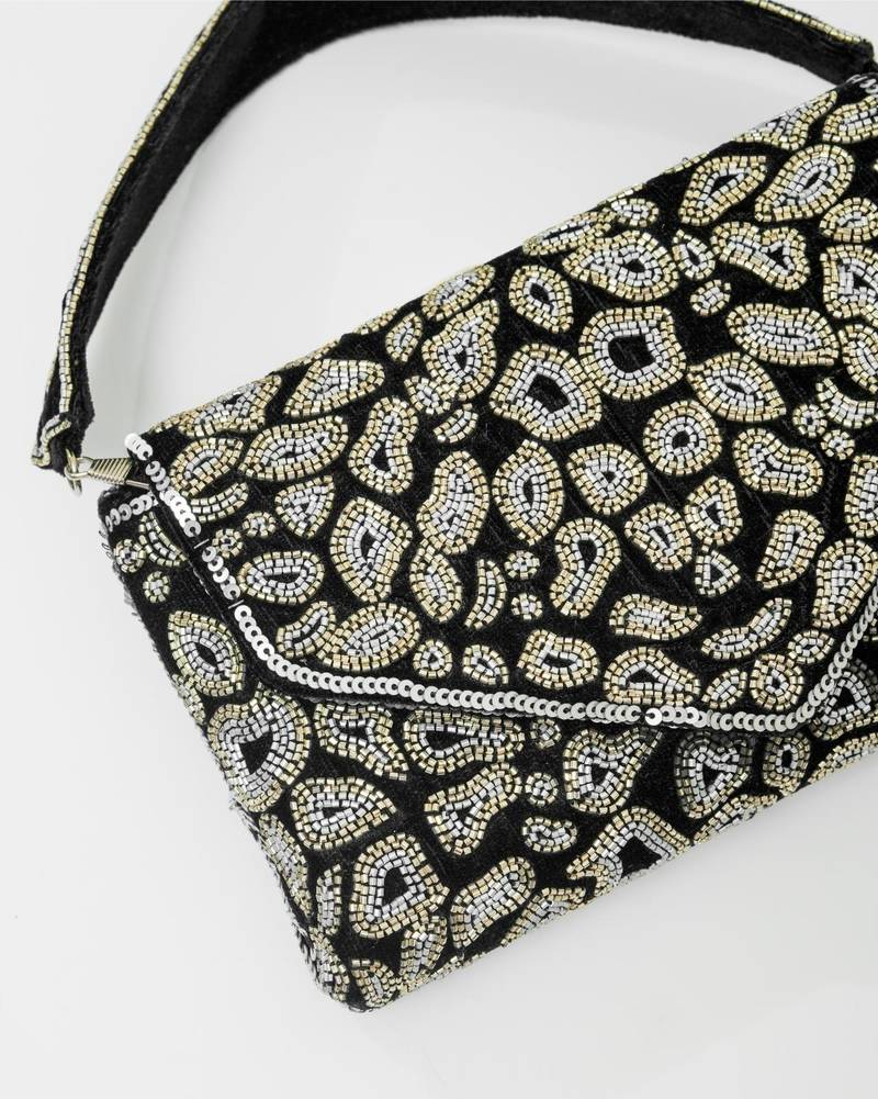 Black velvet beads embroidered clutch