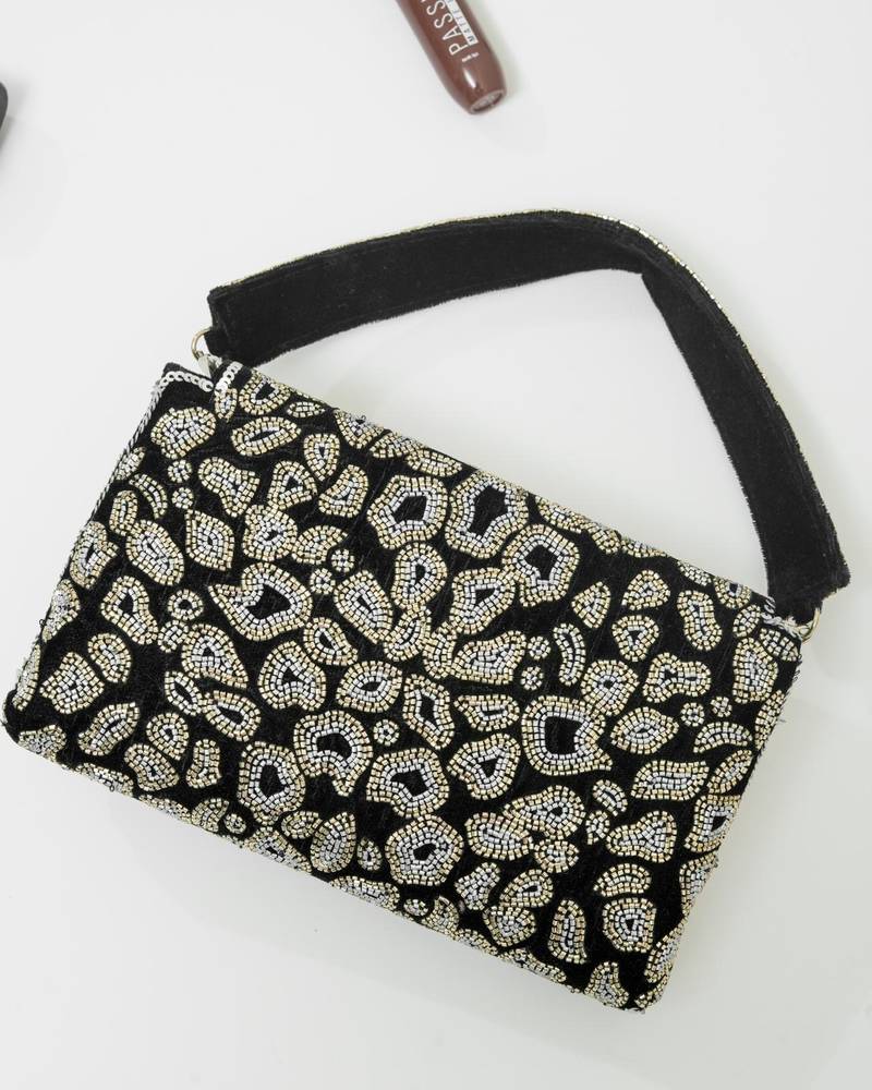 Black velvet beads embroidered clutch