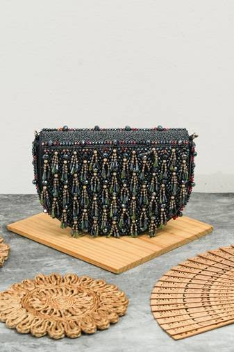 Blue silk beads embroidered clutch