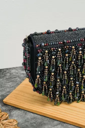 blue silk beaded embroidered party wear clutch