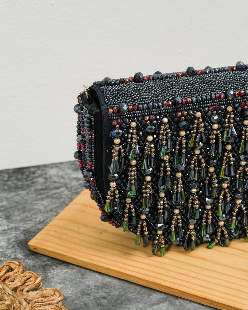 Blue silk beads embroidered clutch