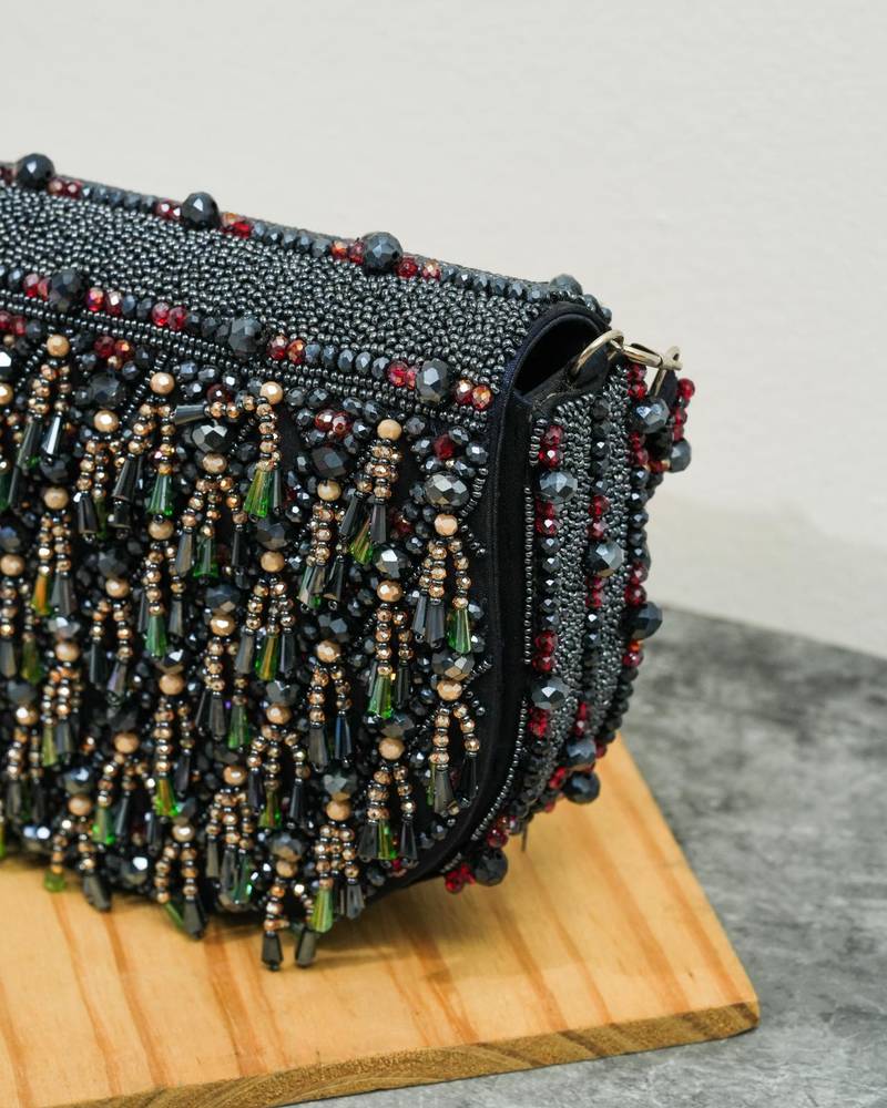 Blue silk beads embroidered clutch