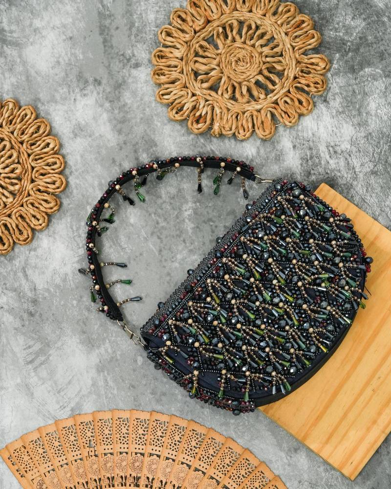 Blue silk beads embroidered clutch